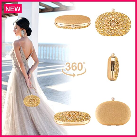 Rhinestone Evening Clutch with Gold Frame, Detachable Chain, 8\
